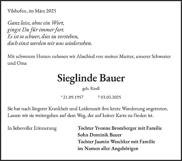Obituary Sieglinde Bauer, Vilshofen an der Donau