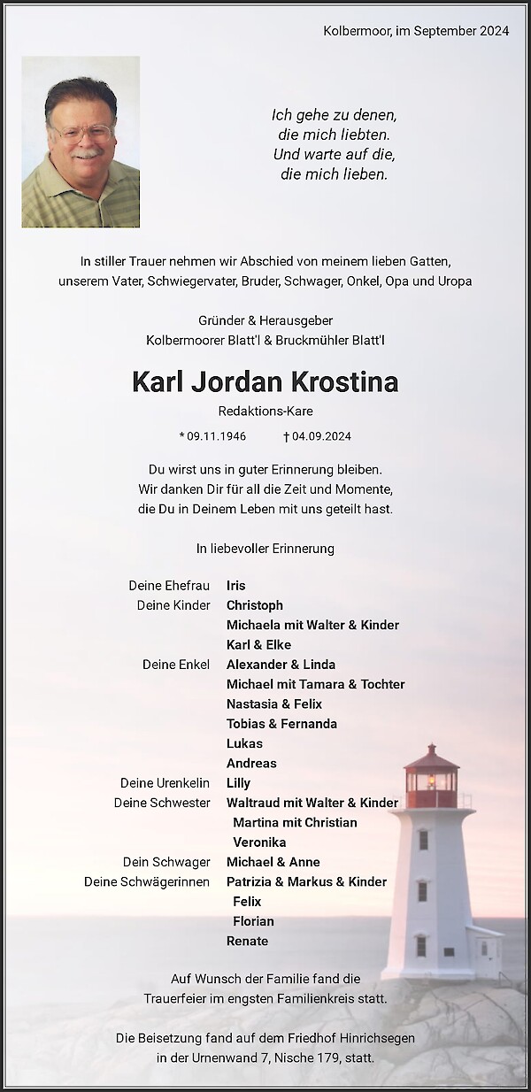 Obituary Karl Jordan Krostina, Kolbermoor