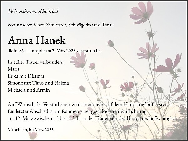 Obituary Anna Hanek, Mannheim, N5/11
