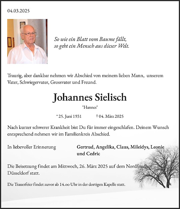 Obituary Johannes Sielisch, Düsseldorf