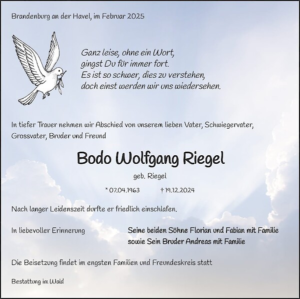 Obituary Bodo Wolfgang Riegel, Brandenburg an der Havel