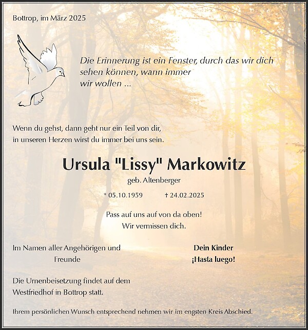 Traueranzeige von Ursula "Lissy" Markowitz, Bottrop