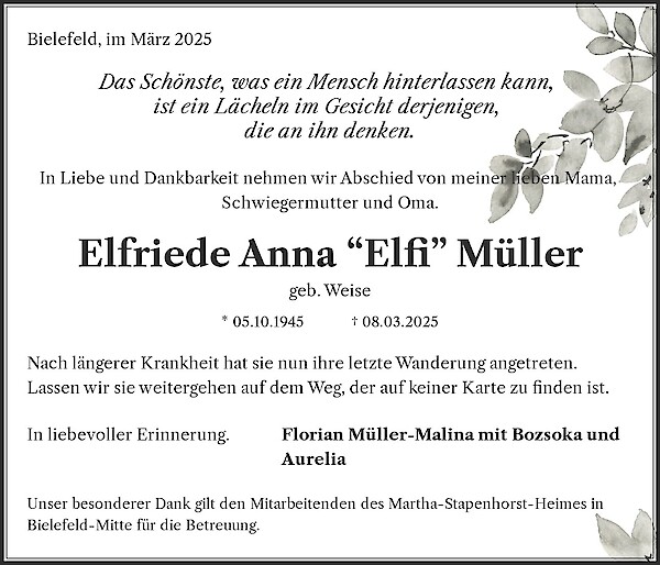 Obituary Elfriede Anna “Elfi” Müller