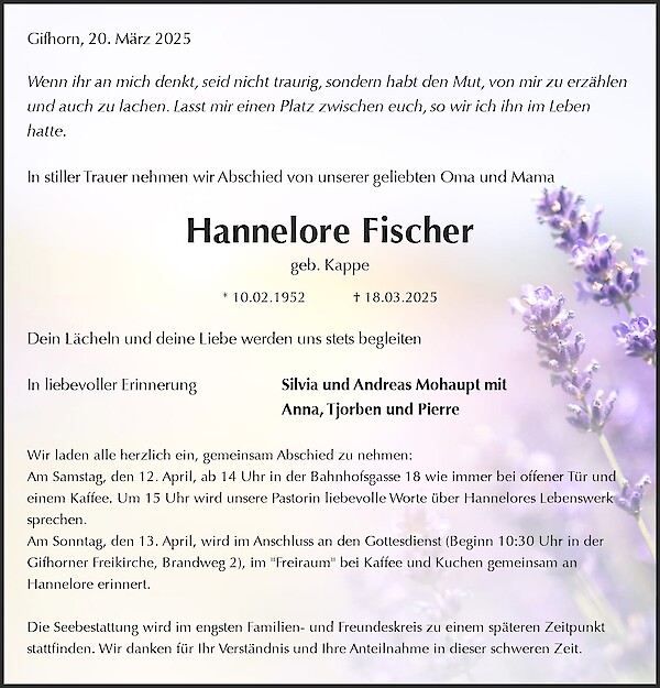 Obituary Hannelore Fischer, Gifhorn