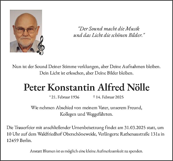 Obituary Peter Konstantin Alfred Nölle