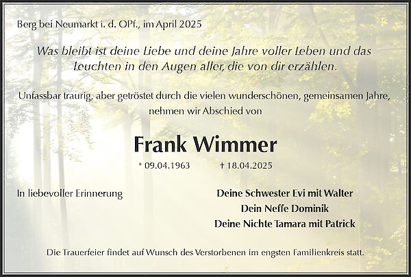 Obituary Frank Wimmer, Berg bei Neumarkt i. d. OPf.