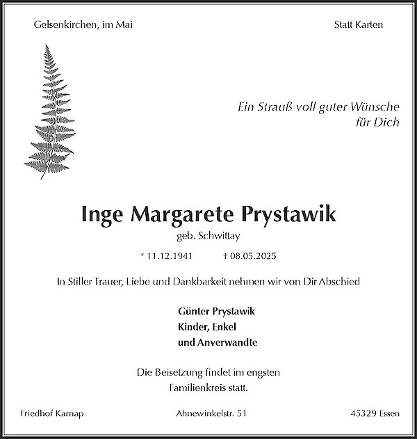 Obituary Inge Margarete Prystawik