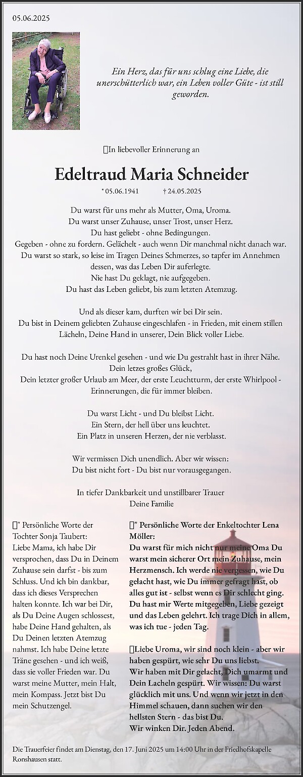Obituary Edeltraud Maria Schneider, Ronshausen
