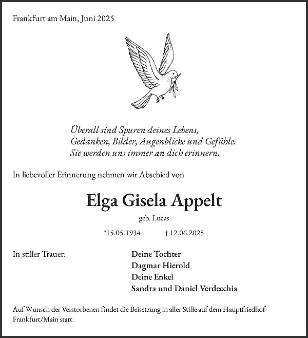 Traueranzeige von Elga Gisela Appelt