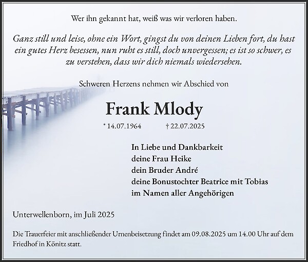 Traueranzeige von Frank Mlody, Unterwellenborn