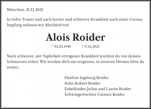Traueranzeige von Alois Roider, München