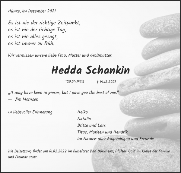 Obituary Hedda Schankin, Bad Dürkheim