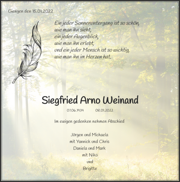 Traueranzeige von Siegfried Arno Weinand, Tangermünde