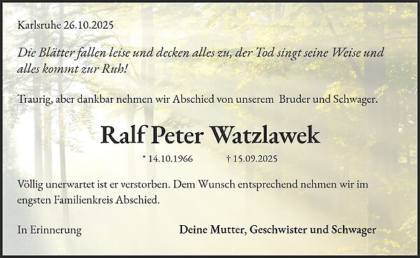 Obituary of Ralf Peter Watzlawek, Karlsruhe