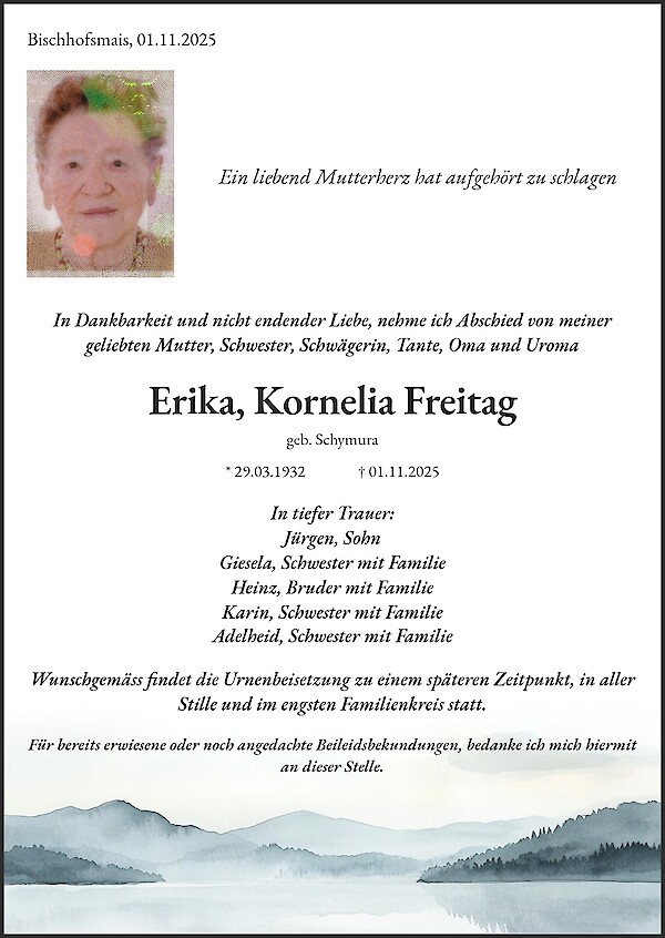 Obituary of Erika, Kornelia Freitag