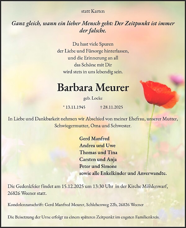 Obituary of Barbara Meurer, Weener
