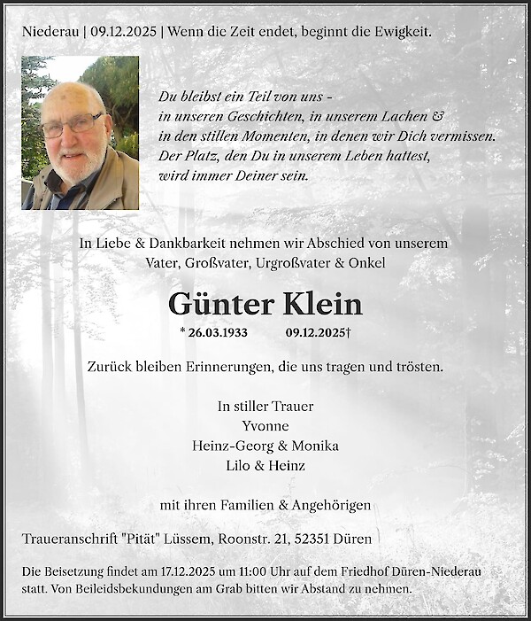 Traueranzeige von G&uuml;nter Klein