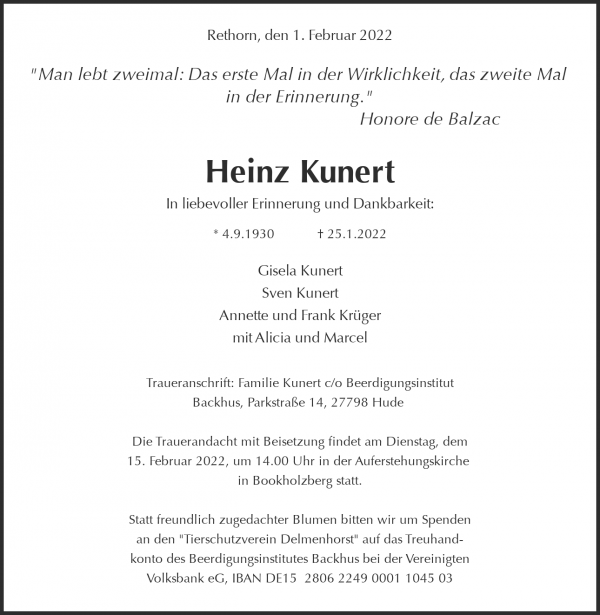 Obituary Heinz Kunert, Ganderkesee