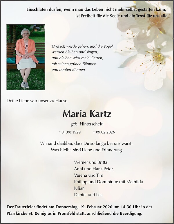 Obituary of Maria Kartz, Pronsfeld