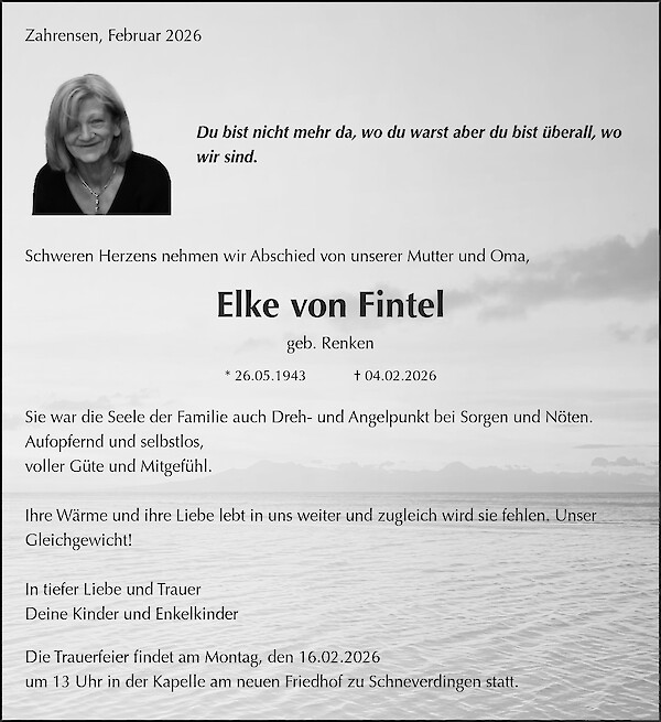 Obituary of Elke von Fintel, Zahrensen