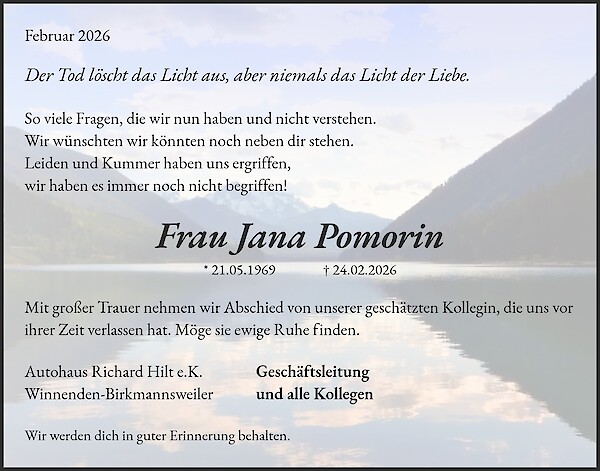 Traueranzeige von Frau Jana Pomorin, Steinheim