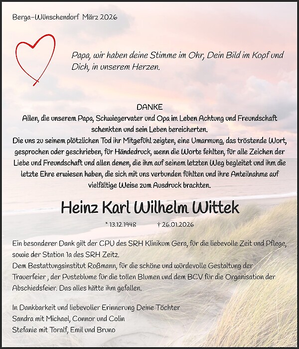 Danksagung von Heinz Karl Wilhelm Wittek