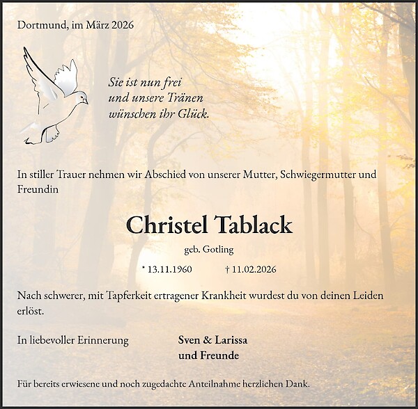 Traueranzeige von Christel Tablack, Dortmund