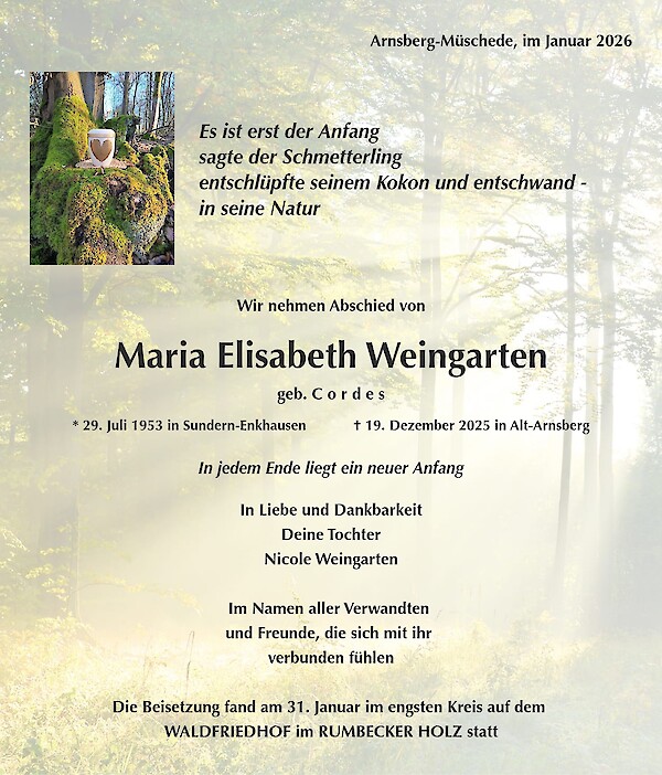 Traueranzeige von Maria Elisabeth Weingarten