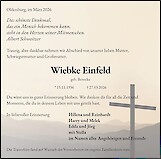 Traueranzeige Wiebke Einfeld, Oldenburg