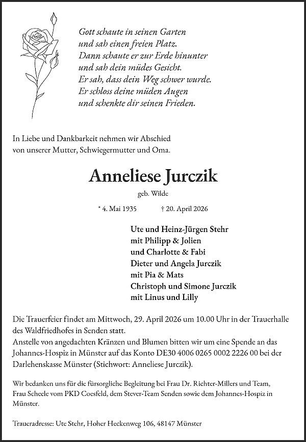 Traueranzeige von Anneliese Jurczik
