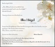 Traueranzeige Ilka H&uuml;gel