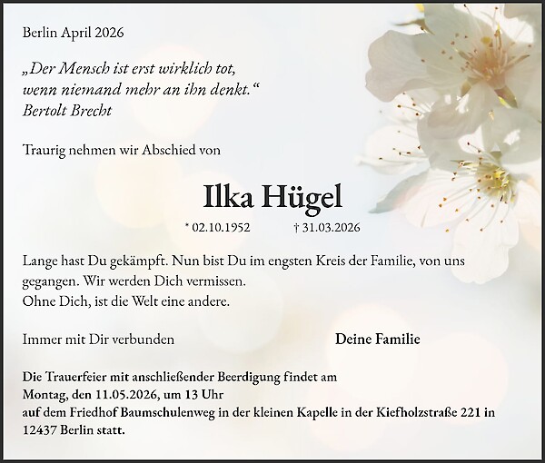 Traueranzeige von Ilka H&uuml;gel