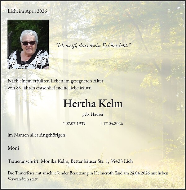 Traueranzeige von Hertha Kelm, Helmeroth
