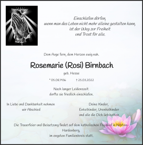 Obituary Rosemarie (Rosi) Birnbach, Nörten-Hardenberg