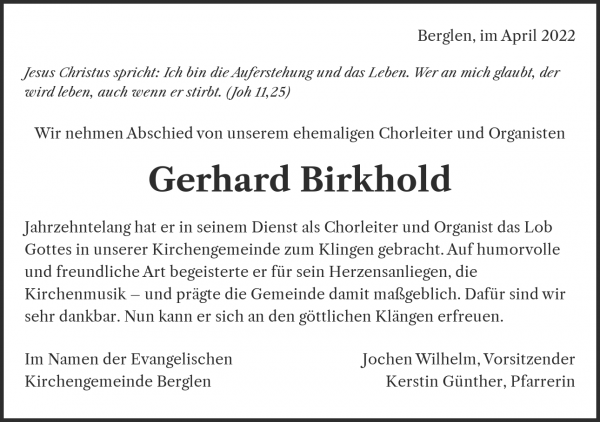 Obituary Gerhard Birkhold, Winnenden