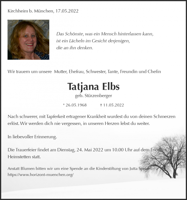 Obituary Tatjana Elbs, Kirchheim b. München