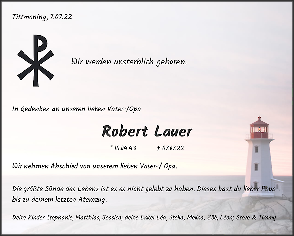 Traueranzeige von Robert Lauer, Kiwittsmoor