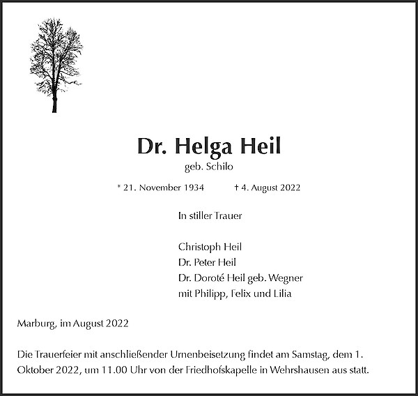 Obituary Dr. Helga Heil, Marburg