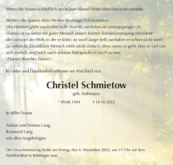 Obituary Christel Schmietow, Böblingen