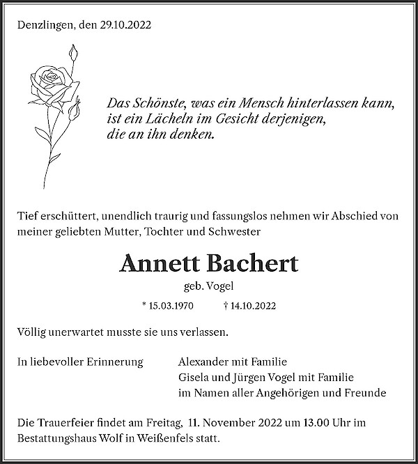 Obituary Annett Bachert, Denzlingen