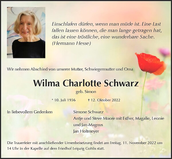 Obituary Wilma Charlotte Schwarz, Leipzig