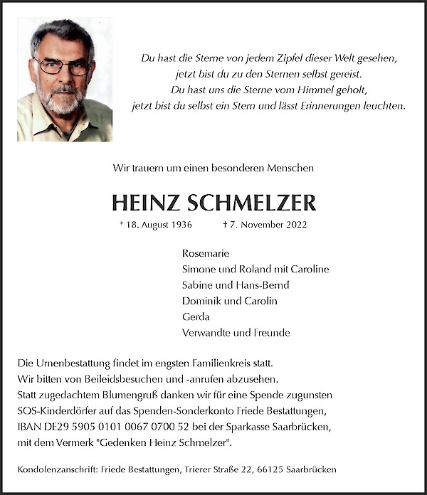 Obituary HEINZ SCHMELZER, Saarbrücken