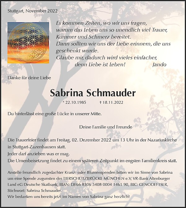Obituary Sabrina Schmauder, Stuttgart