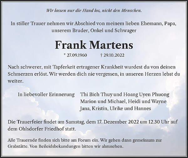 Traueranzeige von Frank Martens, Hamburg