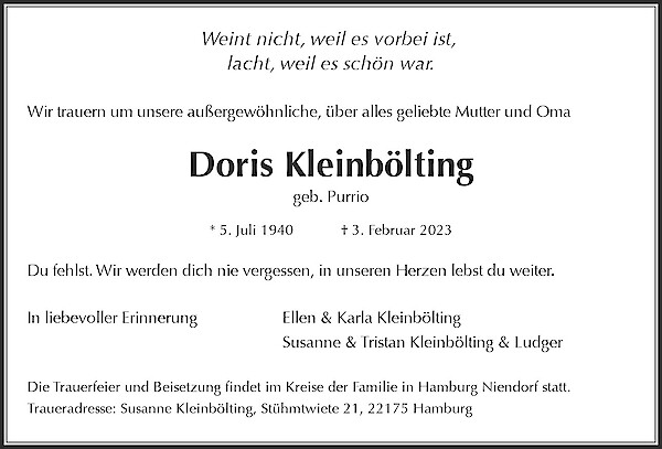 Obituary Doris Kleinbölting, Hamburg