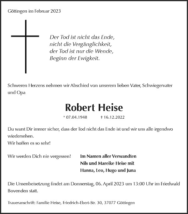 Traueranzeige von Robert Heise, Göttingen