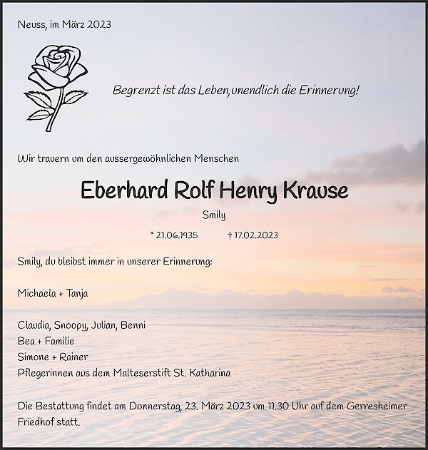 Obituary Eberhard Rolf Henry Krause, Dormagen