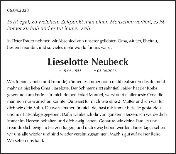 Obituary Lieselotte Neubeck, Gelsenkirchen
