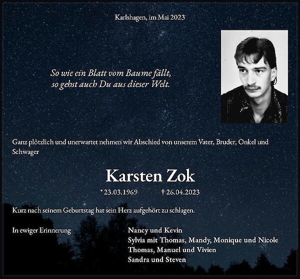 Traueranzeige von Karsten Zok